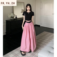 FR.YH.ZH蘭梔世紀女裝店A字裙半身裙高腰顯瘦遮胯百褶夏季新款花苞腰裙子 黑T+粉裙+腰帶 XL
