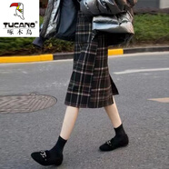 啄木鳥包臀裙韓版寬松中長款格子半身裙女秋冬復(fù)古高腰開叉一步裙a字裙 65CM長/度黑格 1028 S 70-90斤
