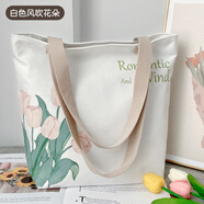 雨凡學(xué)生帆布包單肩包女?huà)屵浔嘲渴痔岚n版布袋子大容量上班通勤 白色風(fēng)吹花朵