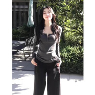 LDBE正肩U領(lǐng)長(cháng)袖T恤女秋冬新款小眾設計感打底衫美式辣妹修身顯瘦上衣 灰色 S