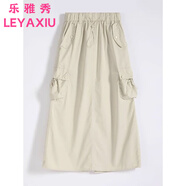 樂(lè)雅秀辣妹速干褶皺抽繩工裝裙女歐美春夏復(fù)古寬松休閑后開(kāi)叉中長(zhǎng)半身裙 杏色【裙子】 M 建議【95-105】