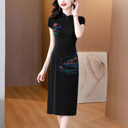 隱形都市新中式旗袍連衣裙女夏2025新款女夏季高端改良版印花修身中長(zhǎng)裙 黑色 3XL 【建議136-150斤】