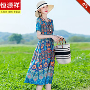 恒源祥母親節(jié)棉綢連衣裙女2024夏季新款中年氣質減齡民族風顯瘦沙灘裙 4 3XL 建議125-140斤