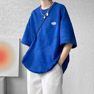 OEMG冰絲七分袖t恤男夏季新款男裝ins港風寬松中袖體恤衫青少年上衣服 DX1533克萊因藍 2XL [建議135-150斤]