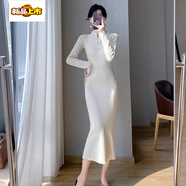 初徑新中式旗袍盤(pán)扣針織連衣裙女秋冬2025年修身顯瘦氣質(zhì)魚(yú)尾包臀裙子 杏色 M