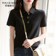 塔馳密司（TOUCH MISS）短袖T恤女休閑帥氣率性金屬扣POLO衫舒適簡約百搭小上衣女 曜石黑 S