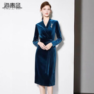 海青藍(lán)（CYANINE SEA）高級(jí)感絲絨連衣裙2024秋冬新款氣質(zhì)V領(lǐng)綁帶修身顯瘦打底裙喜婆婆 藍(lán)色 M