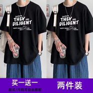 布恩普短袖t恤男夏季潮流港風(fēng)2025新款百搭學(xué)生寬松休閑五分半袖上衣男 T72黑色+T72黑色(2件裝） 4XL
