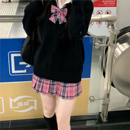 樂(lè )卡利V領(lǐng)毛衣女日系JK制服校園風(fēng)高級純色學(xué)院風(fēng)春秋裝套頭針織打底衫 黑色 常規 均碼 【90-130斤】