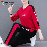 啄木鳥(niǎo)加絨中年休閑運動(dòng)套裝女冬季2023年新款衛衣女時(shí)尚洋氣秋冬兩件套 紅色 M 建議80-100斤