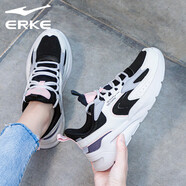 鴻星爾克女鞋冬季新款運動(dòng)鞋透氣減震跑步鞋女士皮面防水鞋子休閑百搭潮鞋 正黑/爾克白 35