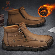 西域駱駝（VANCAMEL）側(cè)拉鏈高幫真皮休閑鞋英倫風(fēng)加絨馬丁靴男棉撿漏 卡其色【9508加絨款】 40