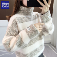 羅蒙（ROMON）羊毛衫女高領(lǐng)條紋毛衣女秋冬2025新款寬松外穿慵懶加絨加厚上衣 駝色 M【95-105斤】