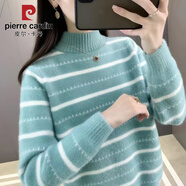 皮爾卡丹秋冬套頭毛衣女加絨加厚條紋打底衫寬松大碼水貂絨針織衫保暖上衣 綠色 2XL【125--140斤】