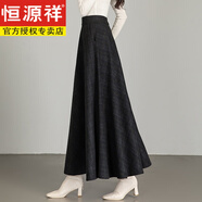 恒源祥2024秋冬毛呢格子半身裙女百搭高腰A字裙中長(cháng)款加厚顯瘦大碼長(cháng)裙 復古黑底格子 L