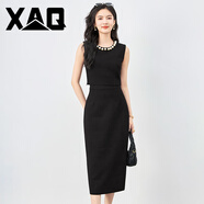 XAQ職業(yè)套裝女夏季名媛氣質(zhì)小香風(fēng)珍珠領(lǐng)連衣裙女背心短上衣配包臀裙 黑色 S