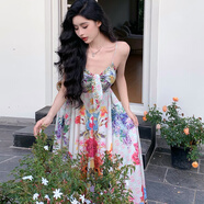 ANNA ETTER彩色碎花朵吊帶綁帶高腰度假連衣裙沙灘連衣裙長(cháng)裙飄逸 圖色 M 胸圍78 沒(méi)松緊