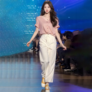 葉紫楓（YEZIFENG）休閑套裝女2025夏時(shí)尚氣質(zhì)冷淡風(fēng)輕熟短袖上衣闊腿長(zhǎng)褲子套裝女 單件上衣 3XL