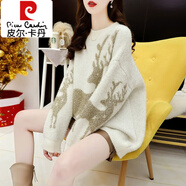 皮爾卡丹（pierre cardin）2025秋冬新款圣誕麋鹿亮絲慵懶風(fēng)中長款寬松重工鑲鉆紅色厚毛衣女 ..米白色 【亮絲小鹿】 加厚 M