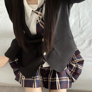 椿奈社原創(chuàng)jk格裙制服秋季原創(chuàng)正版學院風套裝百褶裙子半身裙套裝 藍棕格裙+黑西裝+襯衫+領帶+徽章 XL