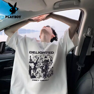 花花公子（PLAYBOY）純棉短袖T恤男黑色2025夏季新款寬松重磅半袖感印花體.恤潮牌 T3588-白色 XL