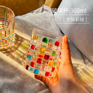 逗趣家玻璃杯水杯高顏值飲料杯創(chuàng  )意浮雕啤酒杯耐高溫加厚喝茶杯牛奶杯子 方塊彩繪玻璃款 300ml