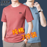 JEEP SPIRIT【兩件裝】吉普時(shí)尚純棉短袖T恤圓領(lǐng)寬松男士夏季半袖體恤打底衫 秀紅短袖+霧霾藍(lán)短袖 2XL 【135-150斤】