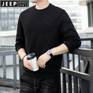 JEEP SPIRIT吉普休閑純棉圓領(lǐng)長(zhǎng)袖t恤男寬松春秋羅紋體恤衫套頭水洗繡標(biāo)打底 黑色 常規(guī) M (170) /92A建議120-130斤