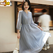 SORRYNAM重工刺繡連衣裙女夏季2025新款上檔次a字裙中長款裙子 冰島藍湖 XL 125-140斤