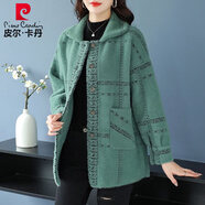 皮爾卡丹秋冬新款水貂絨外套女中長(cháng)款開(kāi)衫加厚媽m媽格子雙面絨毛呢大衣 綠色 M (建議88-108斤)