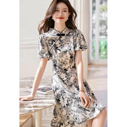 宜惜綺 新中式連衣裙女裝2024夏季新款國風氣質(zhì)小個子顯瘦改良旗袍裙子 黑底白花 L