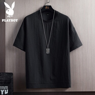 花花公子（PLAYBOY）冰絲短袖T恤男士夏季純色亞麻運動速干半袖寬松百搭打底衫上衣服t T12黑色 L (121-140斤)