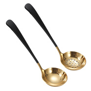 胖東來(lái)304不銹鋼加厚家用創(chuàng  )意湯勺漏勺北歐餐具泡面盛粥長(cháng) 黑金色-湯勺+漏勺