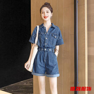 予瑾?dú)W洲站收腰顯瘦薄款牛仔連體褲女短褲夏季新款休閑短袖連衣褲 藍(lán)色 XL 175