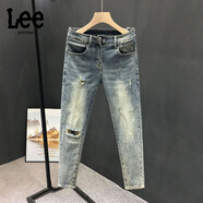 Lee ryetom春夏季牛仔褲男士破洞小腳九分褲高端休閑修身顯瘦微彈男褲子9分 9067牛仔 36