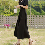 百洛安V領短袖連衣裙女夏季優(yōu)雅別致中長裙氣質收腰顯瘦a字大擺裙 黑色 XL