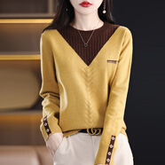 五個(gè)橘子長(cháng)袖T恤女寬松秋冬新款女裝針織小衫圓領(lǐng)上衣外穿內搭打底衫遮肚 黃色 L(110-120斤)