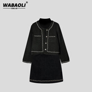 WABAOLI高端品牌 小香風(fēng)粗花呢套裝女春季新款修身氣質(zhì)包臀時尚半身裙 黑色套裝 L 建議108-120斤