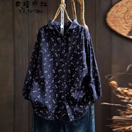 衣瑾帛社小碎花雙層棉紗長袖襯衫女寬松顯瘦春秋復(fù)古文藝休閑百搭打底襯衣 藍(lán)色 均碼