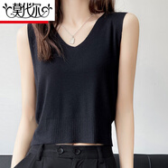 莫代爾短款上衣女外穿吊帶背心V領(lǐng)冰絲針織無(wú)袖t恤西裝內搭打底顯瘦上衣 黑色 L