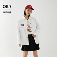 森馬[森柔牛仔]牛仔外套女中長(zhǎng)款翻領(lǐng)時(shí)尚秋寬松純棉提花夾克小眾 本白10101 160/84A/M