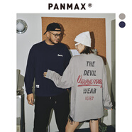 潘·麥克斯（PANMAX）PANMAX大碼男裝美式休閑做舊印花圓領套頭加大T恤長袖上衣情侶 藏青色 3XL 推薦180-210斤