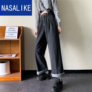 NASALIKE微胖女生穿搭遮胯寬大腿粗闊腿褲大碼胖mm200斤顯瘦牛仔褲女 600黑色 5XL 建議175-200斤