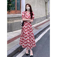 微愛(ài)的小松鼠（weiaidexiaosongshu）法式茶歇連衣裙2024夏季新款法式氣質(zhì)感顯瘦碎花長(cháng)裙v領(lǐng)裙子 紅色 2XL