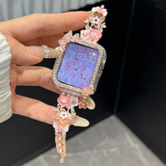 蕾匯嘉貓頭鷹適用apple watch s10表帶金屬蘋果手表s9保護殼套iWatch鑲鉆s8/s7/s6腕帶iPhone手表配件  4 流蘇花鑲鉆款表帶-玫金單表帶 46mm適用Apple Watc