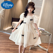 迪士尼（Disney）女童連衣裙夏裝2025新款中大童長(cháng)裙雪紡裙子兒童裝夏季洋氣公主裙 米色 150 (建議1.5米以下)
