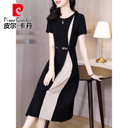 皮爾卡丹端莊大氣連衣裙女士高級(jí)感小黑裙2025新款夏季媽m氣質(zhì)雪紡長(zhǎng)裙子 黑杏色短袖 3XL 【130-145斤】