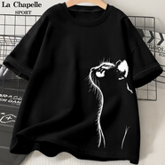 La Chapelle Sport拉夏貝爾純棉短袖t恤女時(shí)尚百搭休閑通勤風(fēng)透氣印花夏季打底衫女 【100%純棉】黑(大仰望貓左下標(biāo)) M /160（推薦100-115斤）