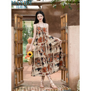 瑪希迪2024夏新款吊帶連衣裙法式抽象印花顯瘦度假民族風(fēng)文藝氣質(zhì)中長(cháng)裙 吊帶裙 S