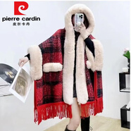 皮爾卡丹（pierre cardin）大尺碼秋冬帶帽毛絨斗篷披肩連帽格子加厚毛領(lǐng)外套加絨口袋披風(fēng) 紅格口袋